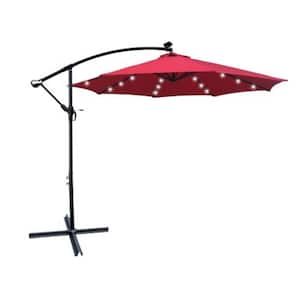 10 ft. Steel Cantilever Solar Powered LED Lighted Patio Umbrella in Red