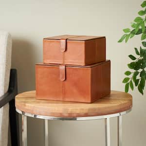 Square Leather Storage Box with Snap Front Closure and Detailed Stitching (Set of 2)