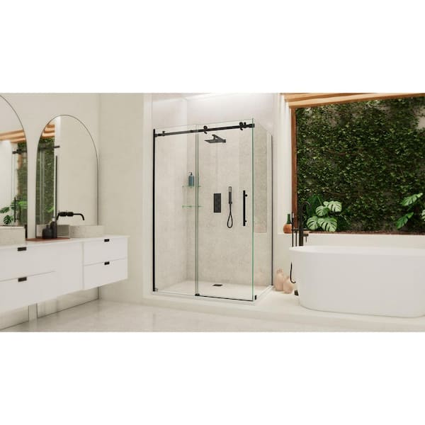 Enigma Air 48.38 in. W x 76 in. H Rectangular Sliding Frameless Corner Shower Enclosure in Matte Black with Clear Glass