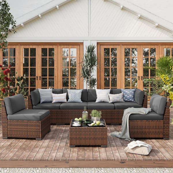 7-Piece Brwon Wicker Patio Conversation Set with Gray Cushions