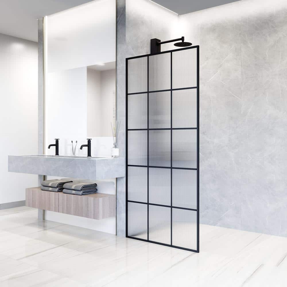 Mosaic Matte Black 34" x 74" Fluted Glass Shower Screen