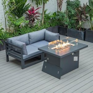 Chelsea Black 3-Piece Aluminum Patio Fire Pit Set with Blue Cushions