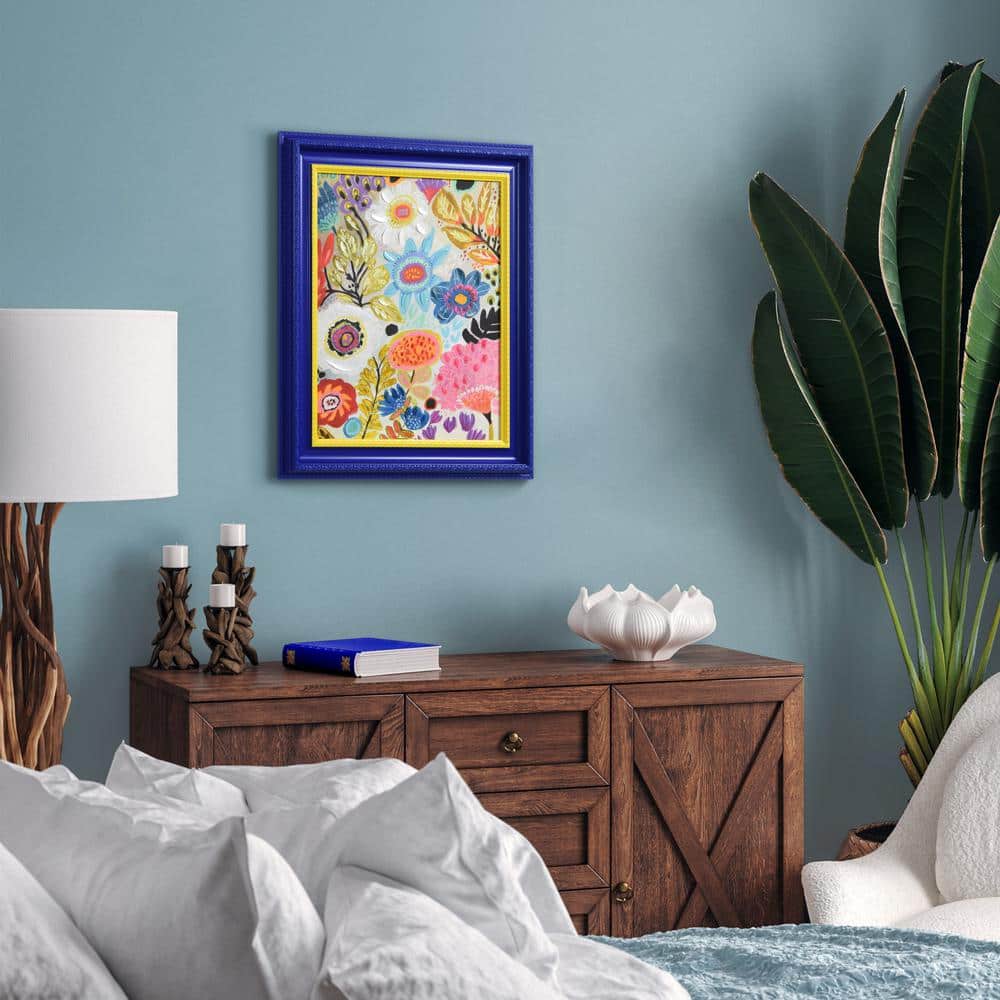 Vibrant Multicolor Floral Canvas Print with Blue and Yellow Frame