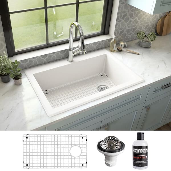 Karran QT-670 Quartz/Granite 33 in. Single Bowl Top Mount Drop-In Kitchen Sink in White with Bottom Grid and Strainer