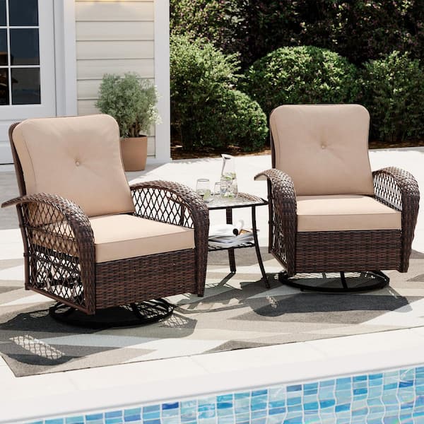 UPHA 3-Piece Patio Outdoor Brown Wicker Swivel Rocking Chair Set with Side Table and Beige Cushions