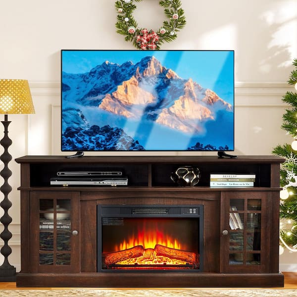 58.25 in. Freestanding Electric Fireplace TV Stand with 23 in. Fireplace Insert, Storage Space, Espresso, 320 sq. ft.