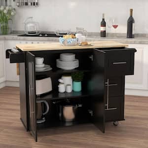 Black Solid Wood Table Top Extensible Kitchen Island with Spice Rack and Towel Rack