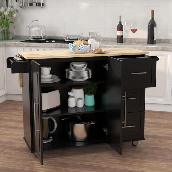 Black Solid Wood Table Top Extensible Kitchen Island with Spice Rack Towel Rack EC-KIBK-963 - The Home Depot