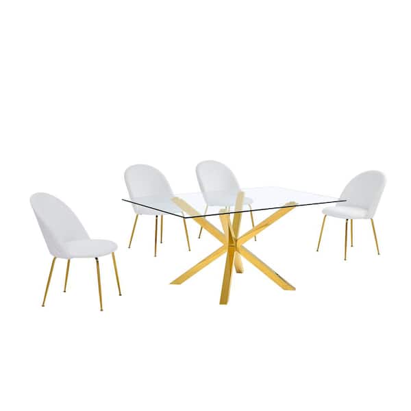 Best Quality Furniture Tom 5-Piece Rectangle Glass Top With Gold Stainless Steel Table Set, 4 White Leather Chair w/Nail Head Trim