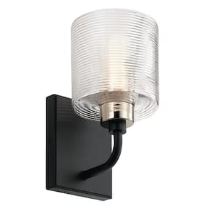 Harvan 9.25 in. 1-Light Black Bathroom Indoor Wall Sconce Light with Clear Ribbed Glass