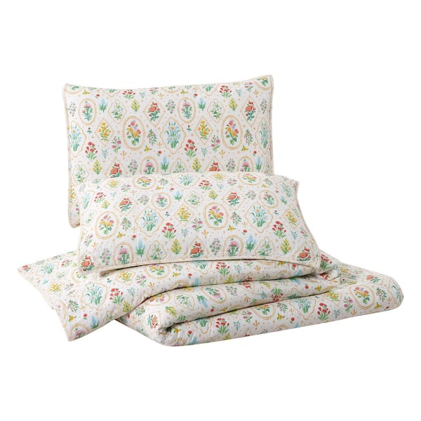 Floral Wallpaper 3-Piece Multicolored Cotton Full/Queen Quilt Set