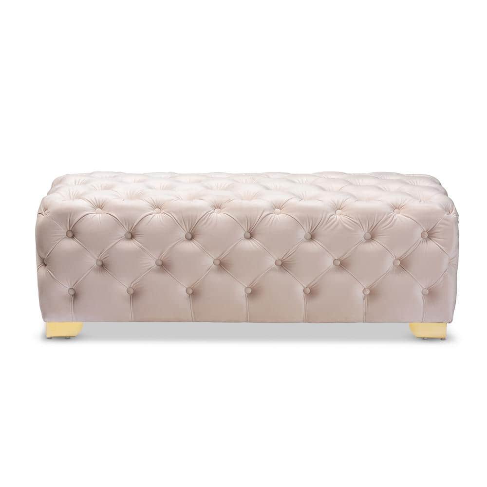 Luxurious Beige Velvet 48" Square Tufted Gold-Legged Ottoman