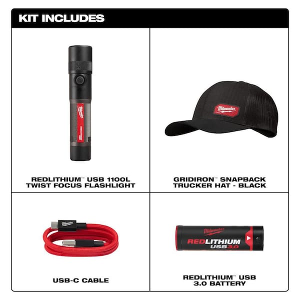 1100 Lumens LED USB Rechargeable Twist Focus Flashlight with Gridiron Black Adjustable Fit Trucker Hat