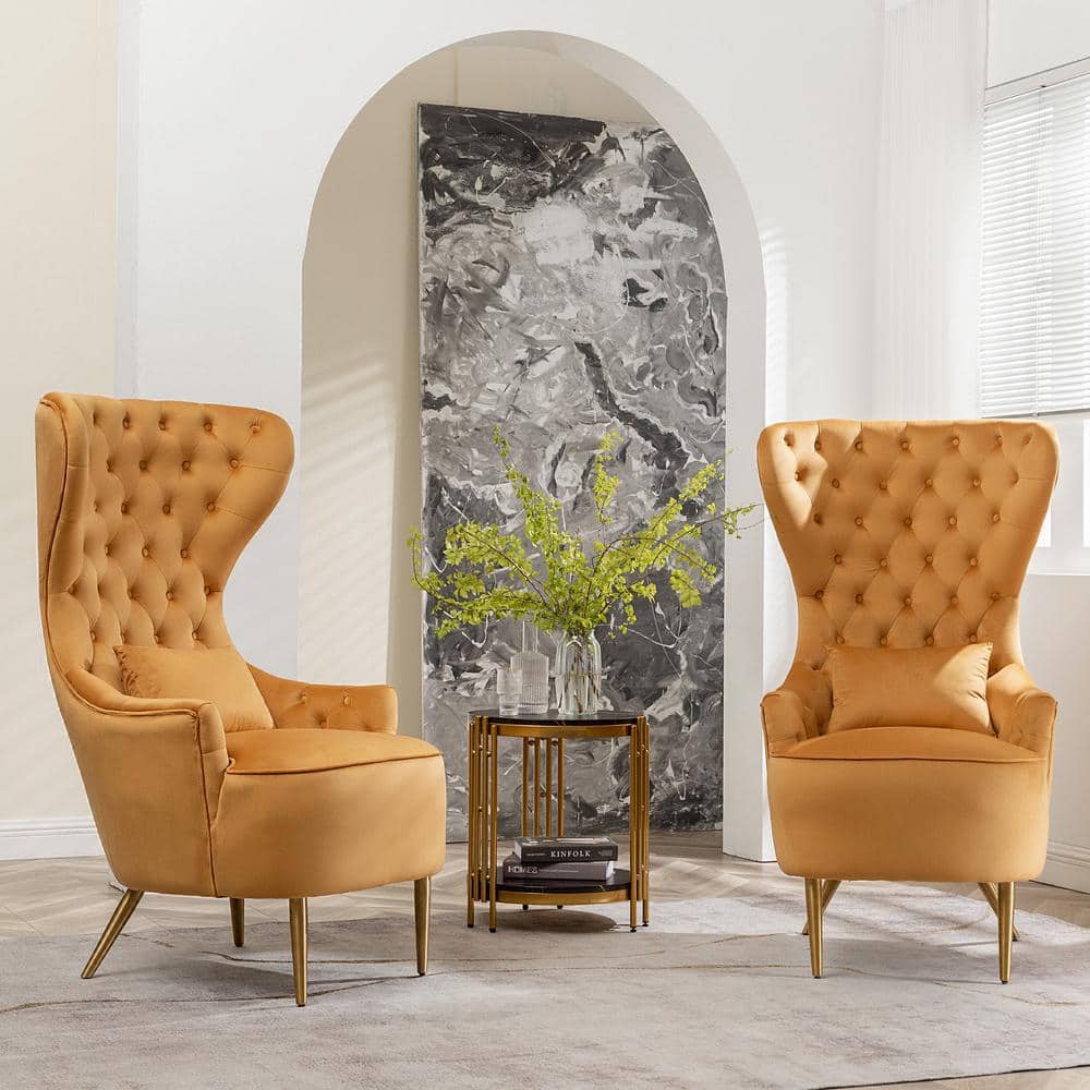 Camel Velvet Tufted Wingback Accent Chair with Gold Legs