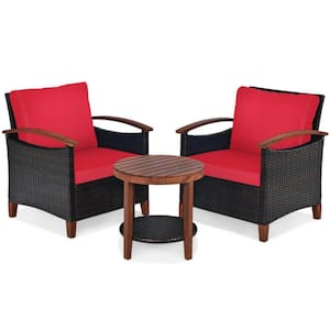 3-Pieces Rattan Wicker Patio Conversation Set with Red Washable Cushions and Acacia Wood Coffee Table
