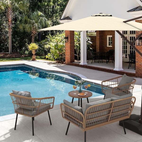 DEXTRUS Yellow 4-Piece Wicker Patio Conversation Chat Set with Gray Cushions