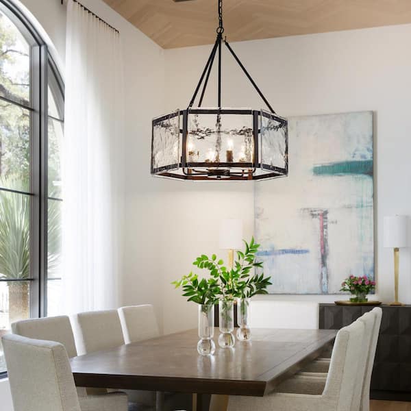Dvorakova 24.02 in. 6-Light Black Lantern Drum Chandelier with Water Ripple Glass Shade