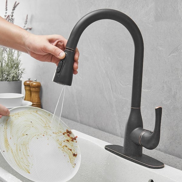 PowerClean Gooseneck Single Handle Pull Down Sprayer Kitchen Faucet with Deckplate Pull Out Faucet in Oil Rubbed Bronze