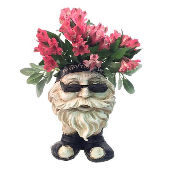 HOMESTYLES 13 in. H Biker Dude Antique White Muggly Face Planter in Motorcycle Attire Statue Holds 4 in. Pot