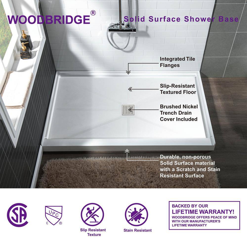60" x 36" White Rectangular Shower Pan with Brushed Nickel Drain