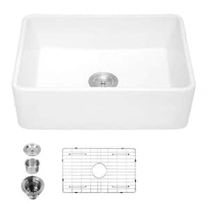 White Fireclay Farmhouse 30 in. Single Bowl Kitchen Sink with Grid with Grid and Strainer