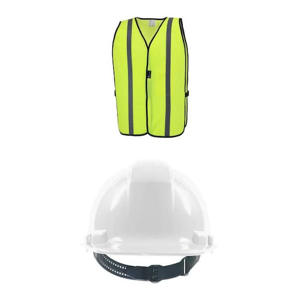Hi Visibility Mesh Safety Vest and Type 1 Class E Hard Hat with 4-Point Pinlock Suspension Combo