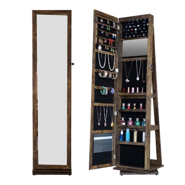 Gray 15.75 in. W x 64.96 in. H Led light Rectangle Metal Full Length Mirror 360° Swivel Jewelry Cabinet