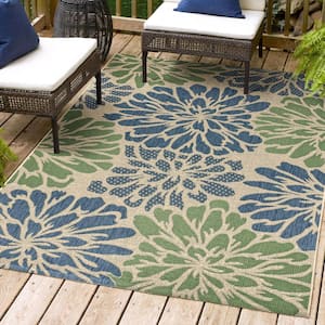 Zinnia Modern Floral Navy/Green 3 ft. 11 in. x 6 ft. Textured Weave Indoor/Outdoor Area Rug