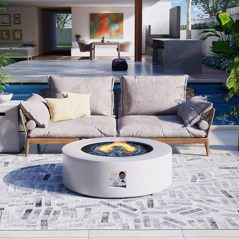 42 in. Outdoor Round Iron White Fire Pit Table with Propane Tank Holder
