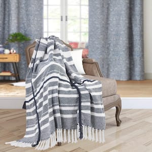 Gemma Textured Navy Blue/White Horizontal Striped All Natural Cotton Throw Blanket with Fringe