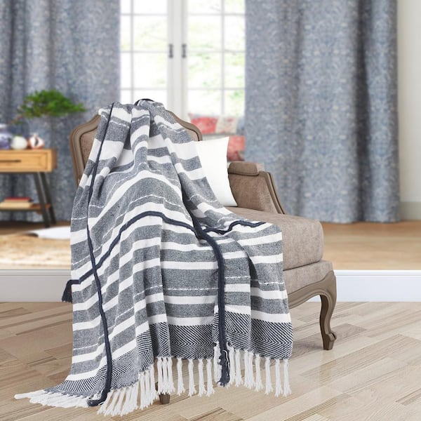Unbranded Gemma Textured Navy Blue/White Horizontal Striped All Natural Cotton Throw Blanket with Fringe