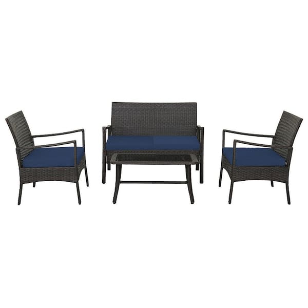 ANGELES HOME 4-Piece PE Rattan Wicker Comfortable Outdoor Patio Conversation Set with Glass Coffee Table and Navy Cushions