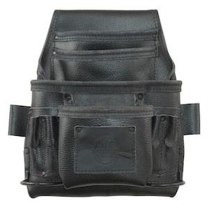 10-Pocket Black Rugged Top Grain Leather Tool Pouch w/2 Hammer Holders