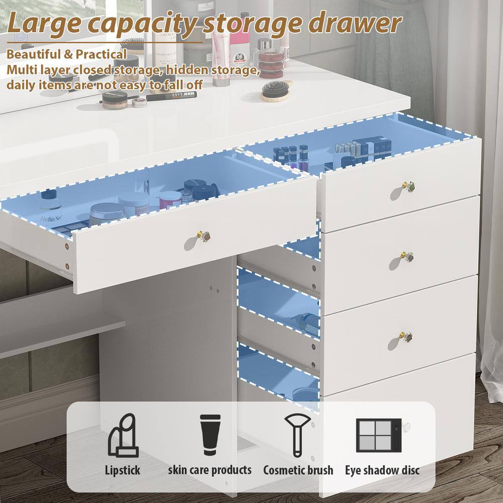 39.4 in. W White LED Dimmable Mirror Dresser Dressing Table with 5-Drawers, Stool and Storage Shelves - thumbnail 9