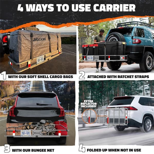 500 lb. Capacity Gray Hitch Mount Cargo Carrier Basket with 16 cu. ft. Cargo Bag, Net, Straps, Folding Shank, 2in. Raise