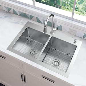 Dolancourt Tight Radius 33 in. Drop-In 50/50 Double Bowl 18 Gauge Stainless Steel Kitchen Sink with Pull-Down Faucet