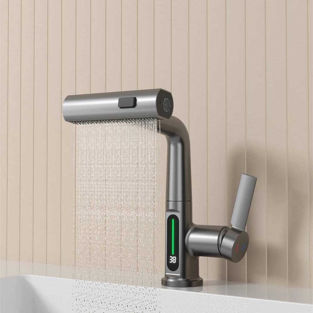 Gray Single Handle Pull-Out Sprayer Bathroom Faucet with LED Display