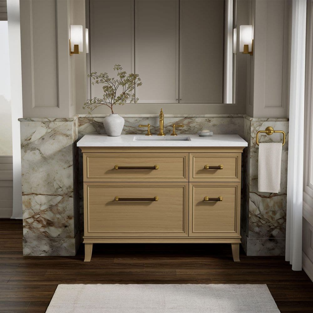 Artifacts 48 in. Freestanding Light Oak Bath Vanity with White Eternal Statuario Quartz Top And Brass Hardware price history on PriceWatchPro