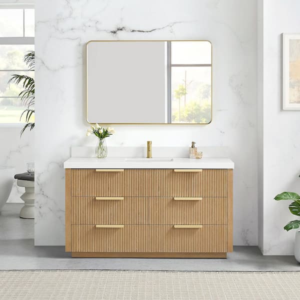 Santarem 60 in.W x 22 in.D x 34 in.H Single Sink Bath Vanity in Washed Ash Grey with Pure White Quartz Stone Top