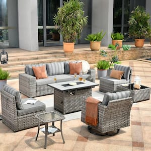 Tahoe Grey 9-Piece Wicker Patio Rectangle Fire Pit Conversation Sofa Set with a Swivel Chair and Striped Grey Cushions