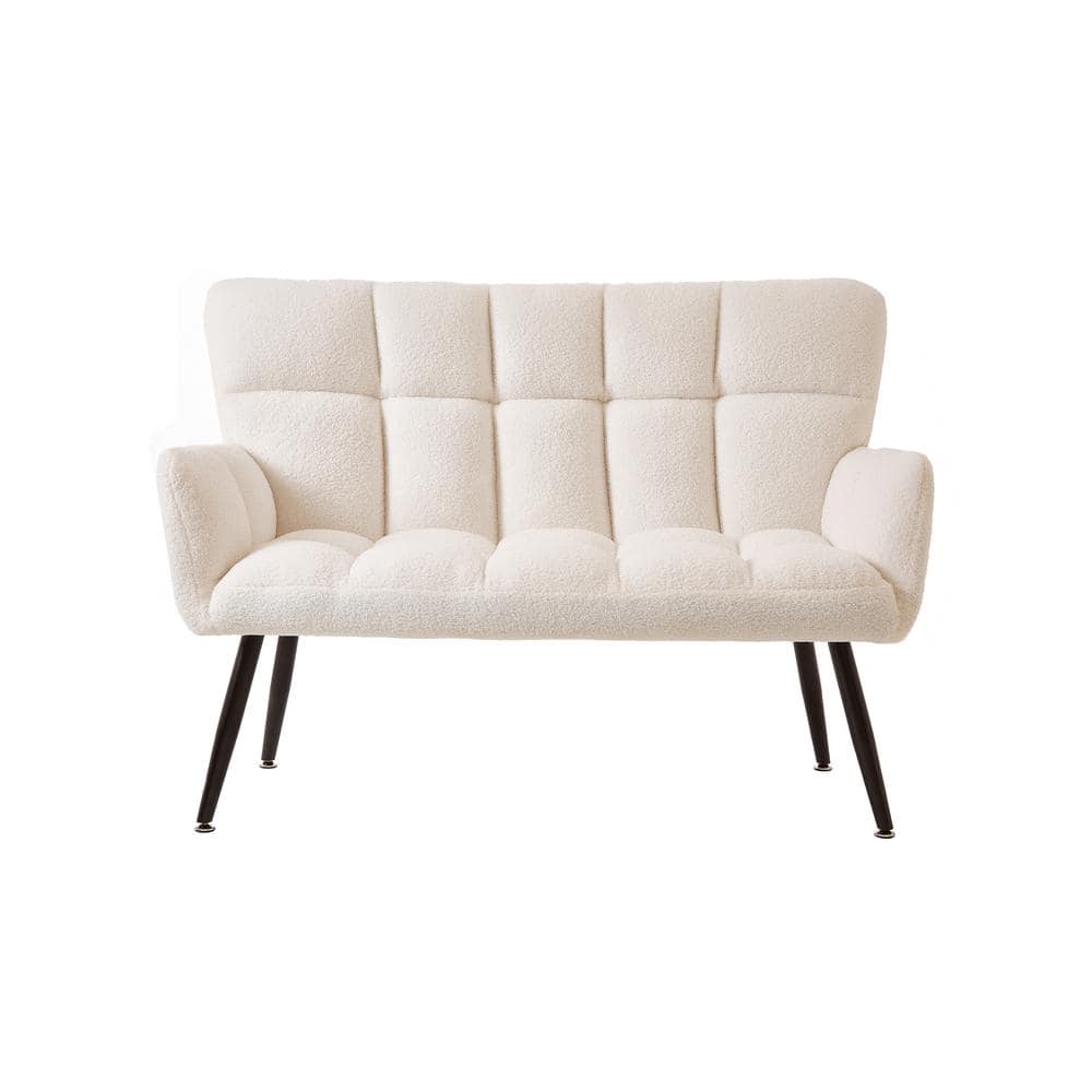Black Metal Teddy Fabirc Outdoor Loveseat Sofa with White Cushions, Couch 2