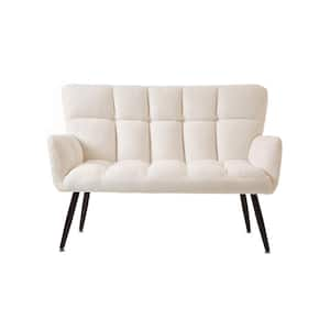 Black Metal Teddy Fabirc Outdoor Loveseat Sofa with White Cushions, Couch 2-Seater, Wood Legs for Living Room, Bedroom