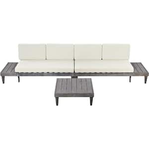 3-Piece Patio Grey Wooden Outdoor Sectional Sofa with Cushions in Beige