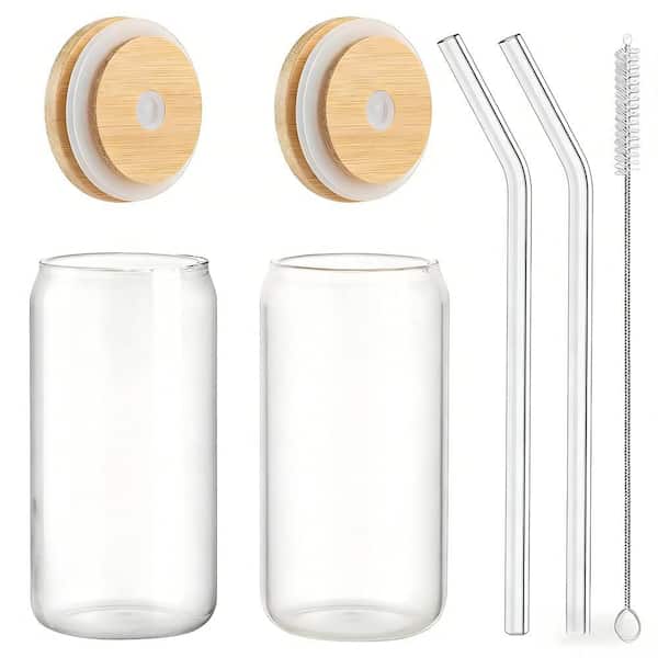 Modern 16 oz. Dishwasher Safe 2 Pieces with Lids, Straws Clear Drinking Glasses w/ Bamboo Lids, Gift 1 Cleaning Brushes