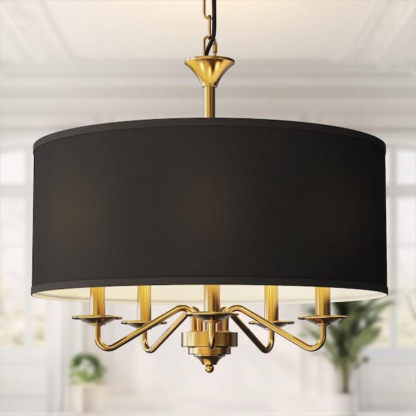 20 in. 5-Light Gold Empire Chandelier with Fabric Shades for Dining and Living Room