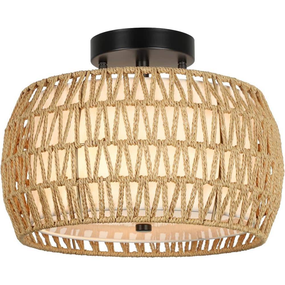 12.6 in. 3-Light Brown No Bulbs Included Semi-Flush Mount Light with Natura