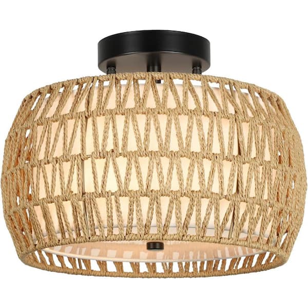 12.6 in. 3-Light Brown No Bulbs Included Semi-Flush Mount Light with Natural Finish Shade