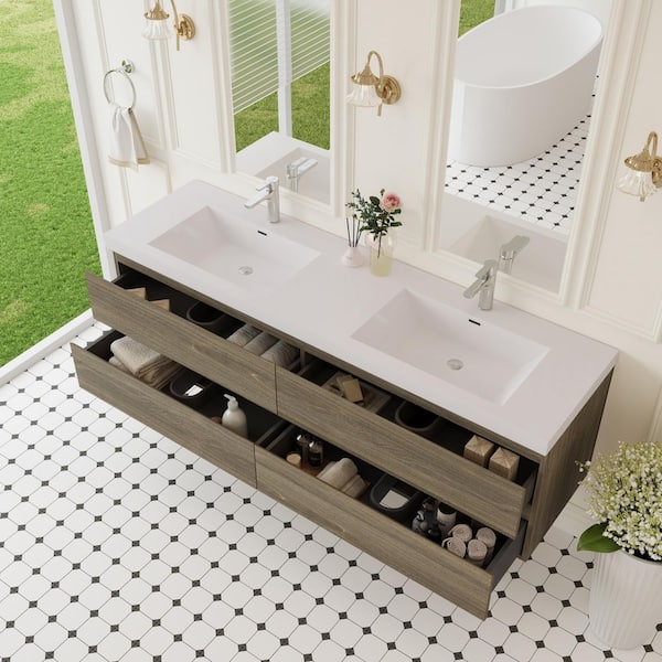 72 in. W x 30 in. D x 22.44 in. H Bathroom Wall Hung Bath Vanity in Ash Grey with Resin Double Basin Vanity Top in White