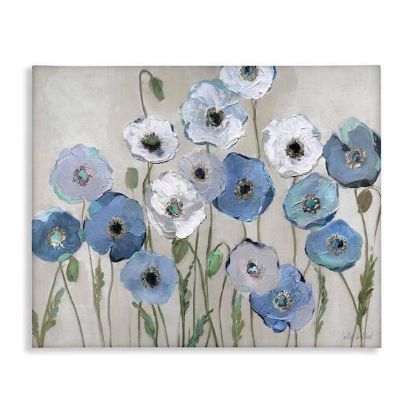 Round Blue and White Poppies by Sally Swatland Unframed Nature Graphic Art Print 24 in. x 30 in.