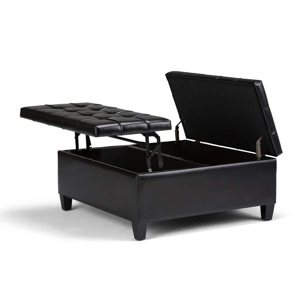Midnight Black Tufted Faux Leather 36" Square Storage Ottoman